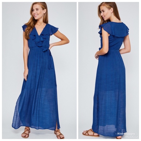 Dresses Last 1 Royal Blue Ruffled Neckline Maxi Dress Poshmark